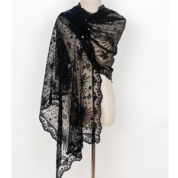 Accessories - Boho Black Moon & Star Sheer Mesh Sequin Embellished Shawl Wrap Scarf Formal